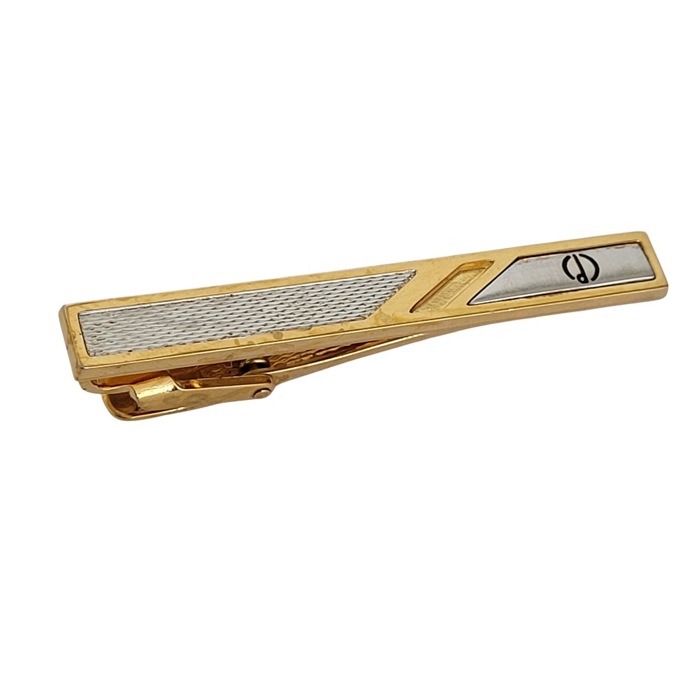 Dunhill Mens Gold Tone Tie Clip Silver Textured Inlay Logo Alligator Clasp 2"